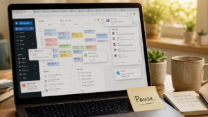 Laptop met volle agenda, meldingen en een pauze-notitie als symbool voor mindfulness bij werkstress