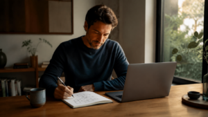 Professional die rustig zijn gedachten ordent in een notitieboek naast zijn laptop